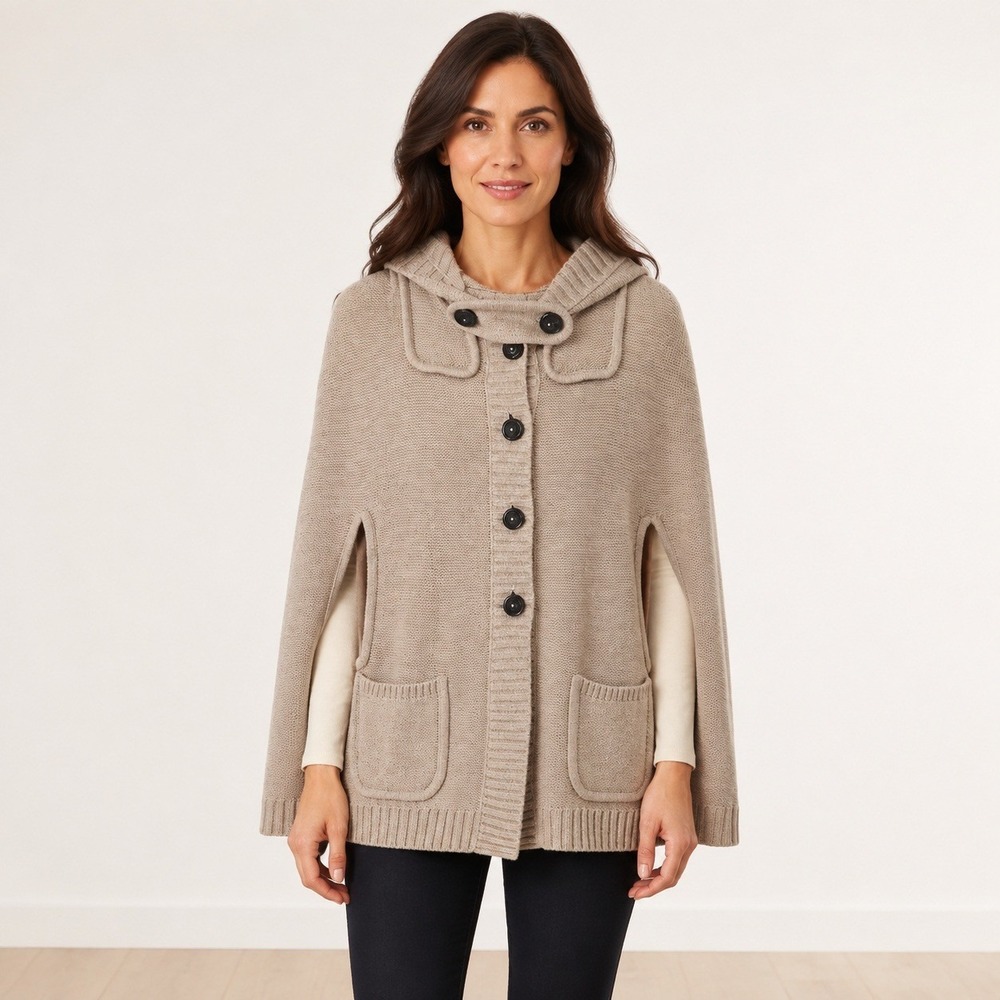 Cremieux Women's Small Taupe Wool Rabbit Blend Hooded Knit Cape Poncho